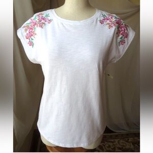 ST JOHN'S BAY BLOUSE/T-SHIRT SHORT SLV WHITE FLORAL EMBROIDERY COTTON TOP Large